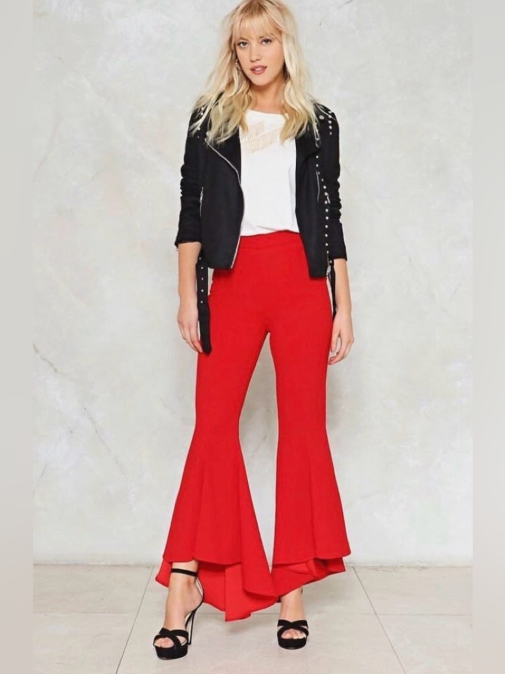 UEC Sugarlips Bold Red Ruffle-Hem EXTREMELY FLARED Wide Leg Pants SZ XS